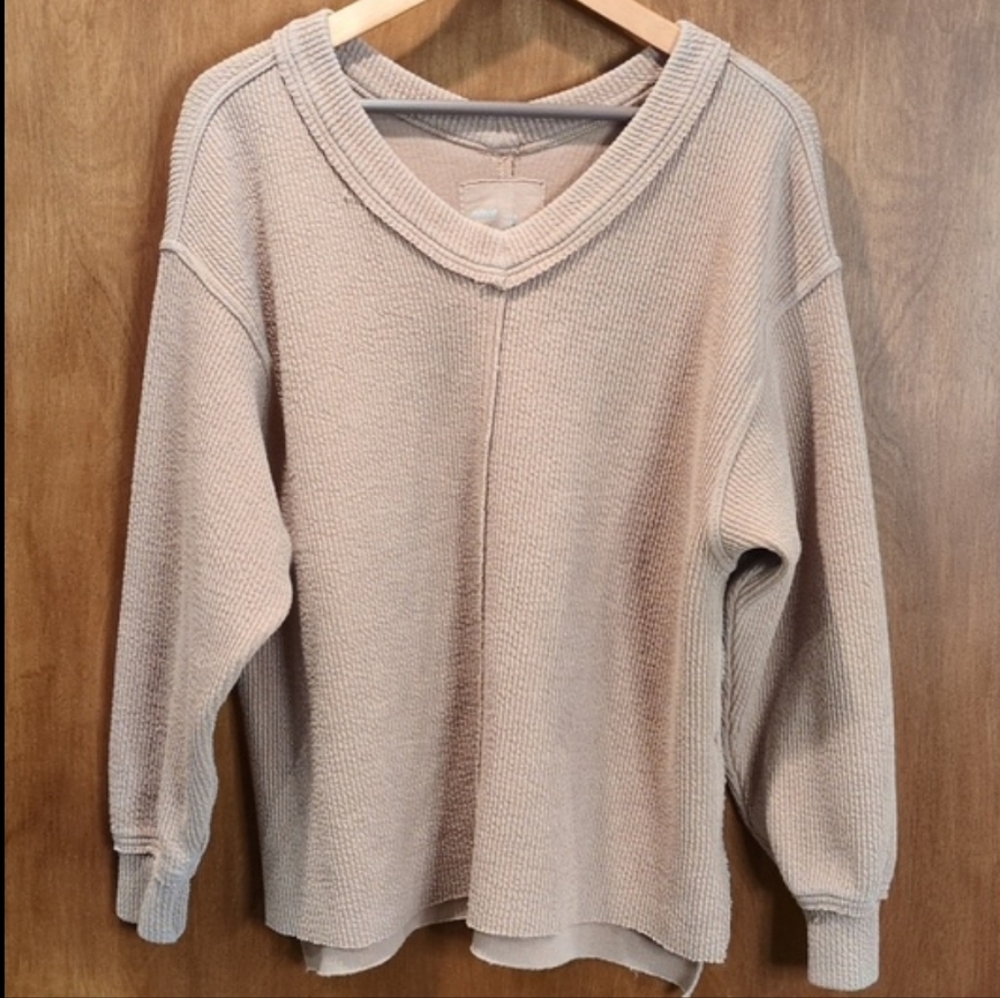 Aerie Wonder Textured V-neck Sweatshirt In Tan Size XS